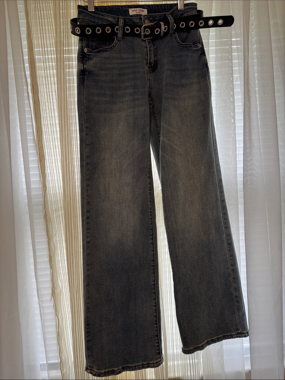 Zara Dark Gray Wide-Leg Jeans with Grommet Belt